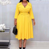 2022 Spring Office Dress Deep V Neck Turn Down Collar High Waist Belted Fashion Yellow Women